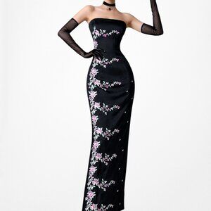 Vintage Black Strapless Floral Embroidered Satin Maxi Bodycon Prom Dress Size M